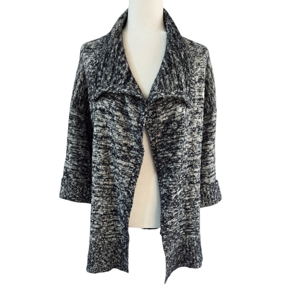 Eileen Fisher Organic Cotton Baby Alpaca Black White Marled Open Front Cardigan